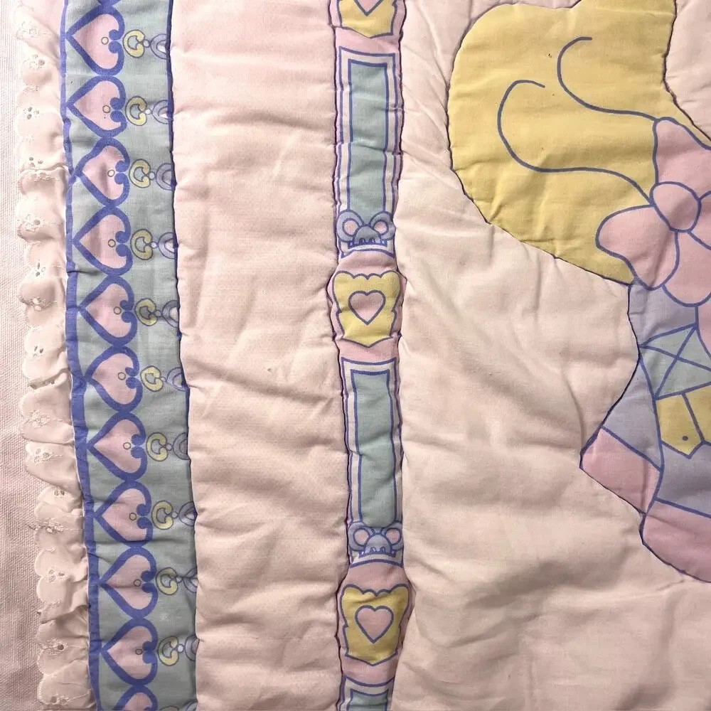Vintage 80s 90s Baby Quilt Carousel Horse Merry Go Round Pink Lace Crib Blanket